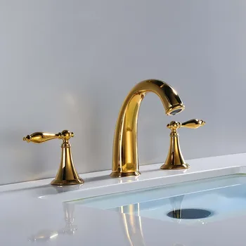 Роскошный золотой латунный смеситель для раковины в ванной комнате с тремя отверстиями и двумя ручками, смеситель для раковины, высококачественный медный кран для холодной и горячей воды