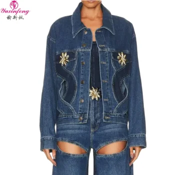 Yuxinfeng 2023 Осеннее Новое Женское Дизайнерское джинсовое пальто с отверстиями и пуговицами, Джинсовые куртки с цветным блоком, Модные Повседневные джинсовые куртки Оверсайз синего Цвета