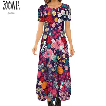 ZOCAVIA, летние юбки с короткими рукавами, повседневные и модные женские длинные платья, осенние платья свободного кроя