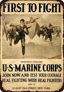 Жестяная вывеска Isaric Корпус морской пехоты США первыми вступил в бой Металлическая вывеска в винтажном стиле 8 x 12